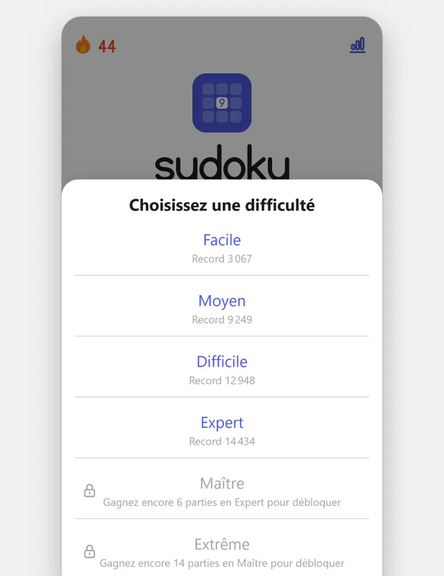 Six niveaux, de facile à extrême